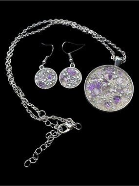 Amethyst Pendant Necklace Dangle Earrings Set Silver Tone Purple Womens NWOT